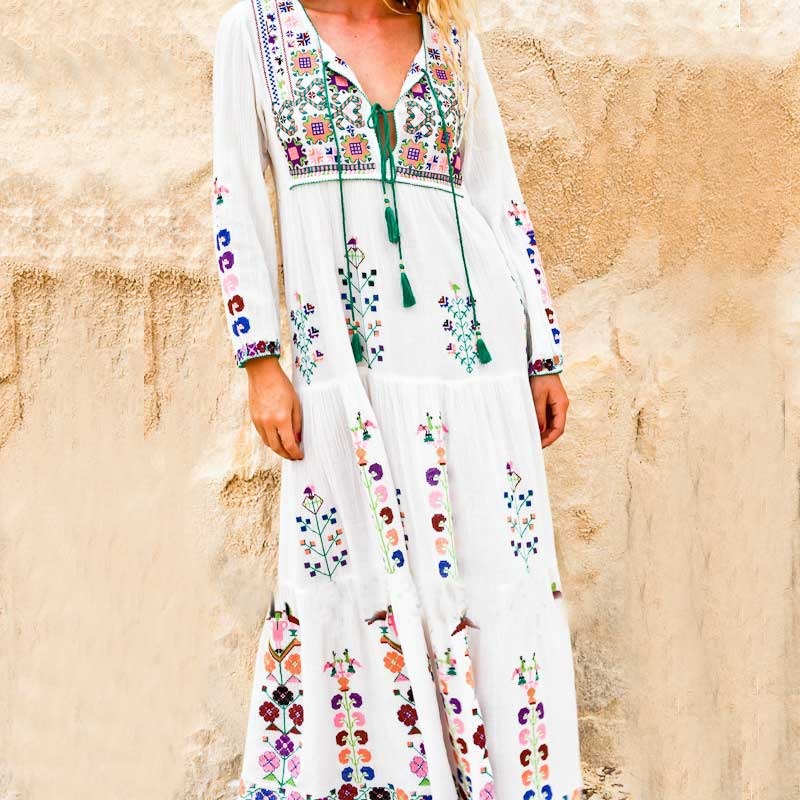 Boho Inspired Floral Embroidered Maxi Dress – Grace in Every Stitch