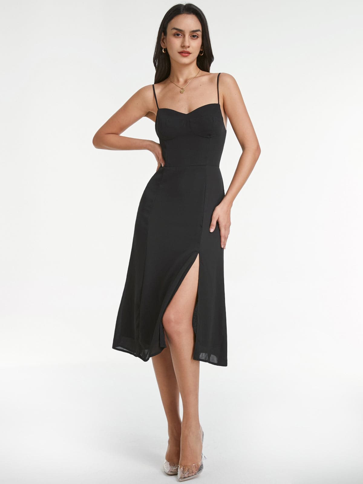 Sweetheart Mesh Overlay Contour Slit Strap Dress OLIVIONI Sweetheart Mesh Overlay Contour Slit Strap Dress OLIVIONI