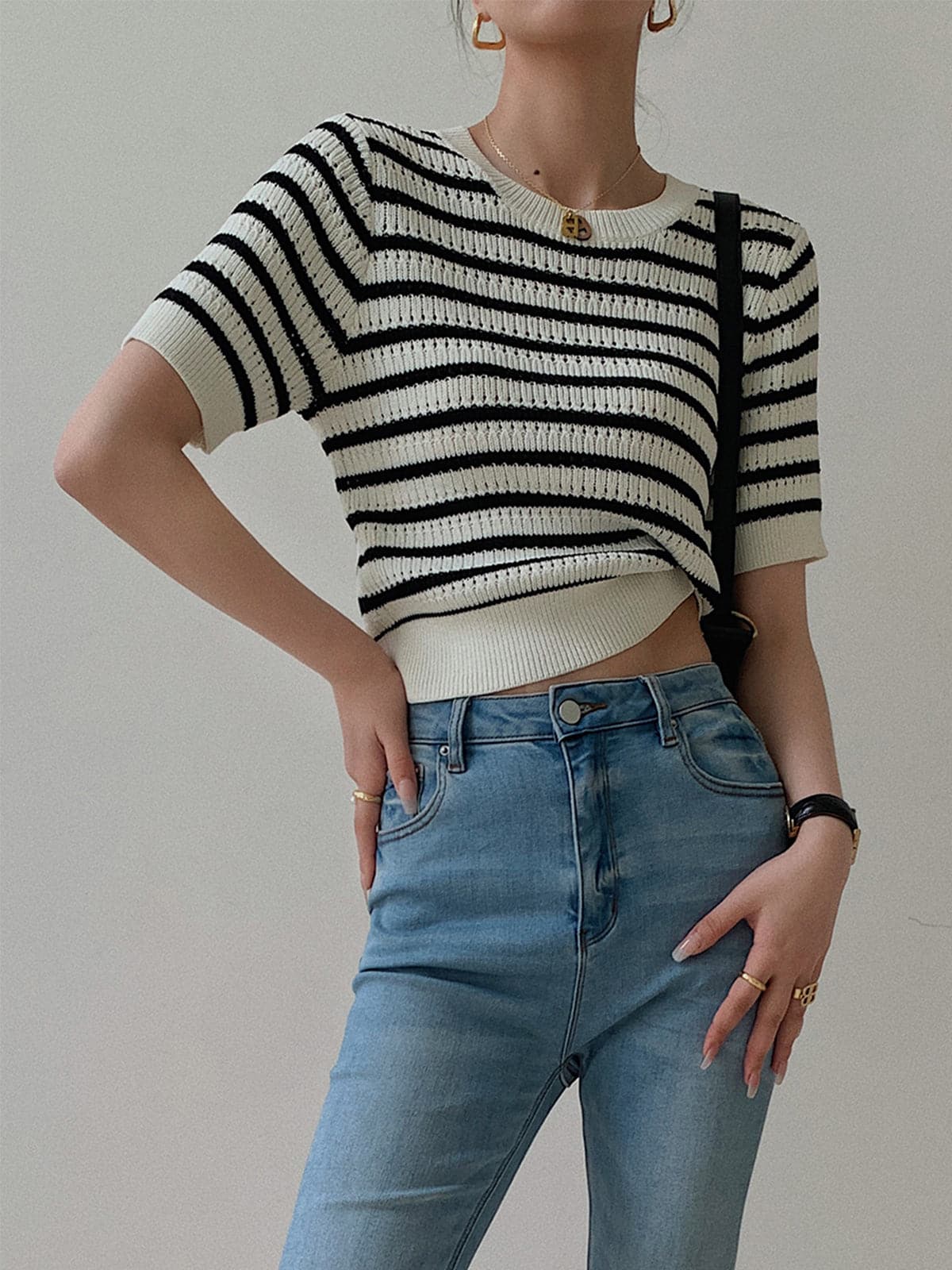 Stripe Crochet Open Knit Top – OLIVIONI