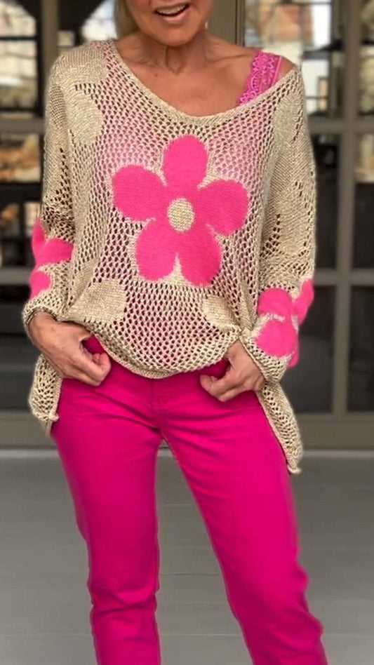 FLORAL KNITTED CUTOUT V-NECK SHIRT/SUIT