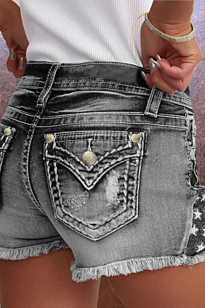 Star & Striped Embroidered Ripped Raw Hem Denim Shorts