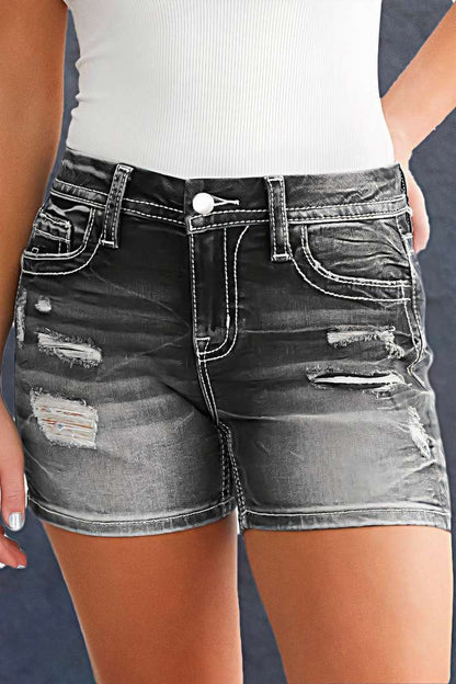 Star & Striped Embroidered Ripped Raw Hem Denim Shorts