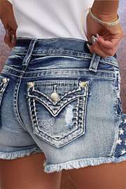 Star & Striped Embroidered Ripped Raw Hem Denim Shorts