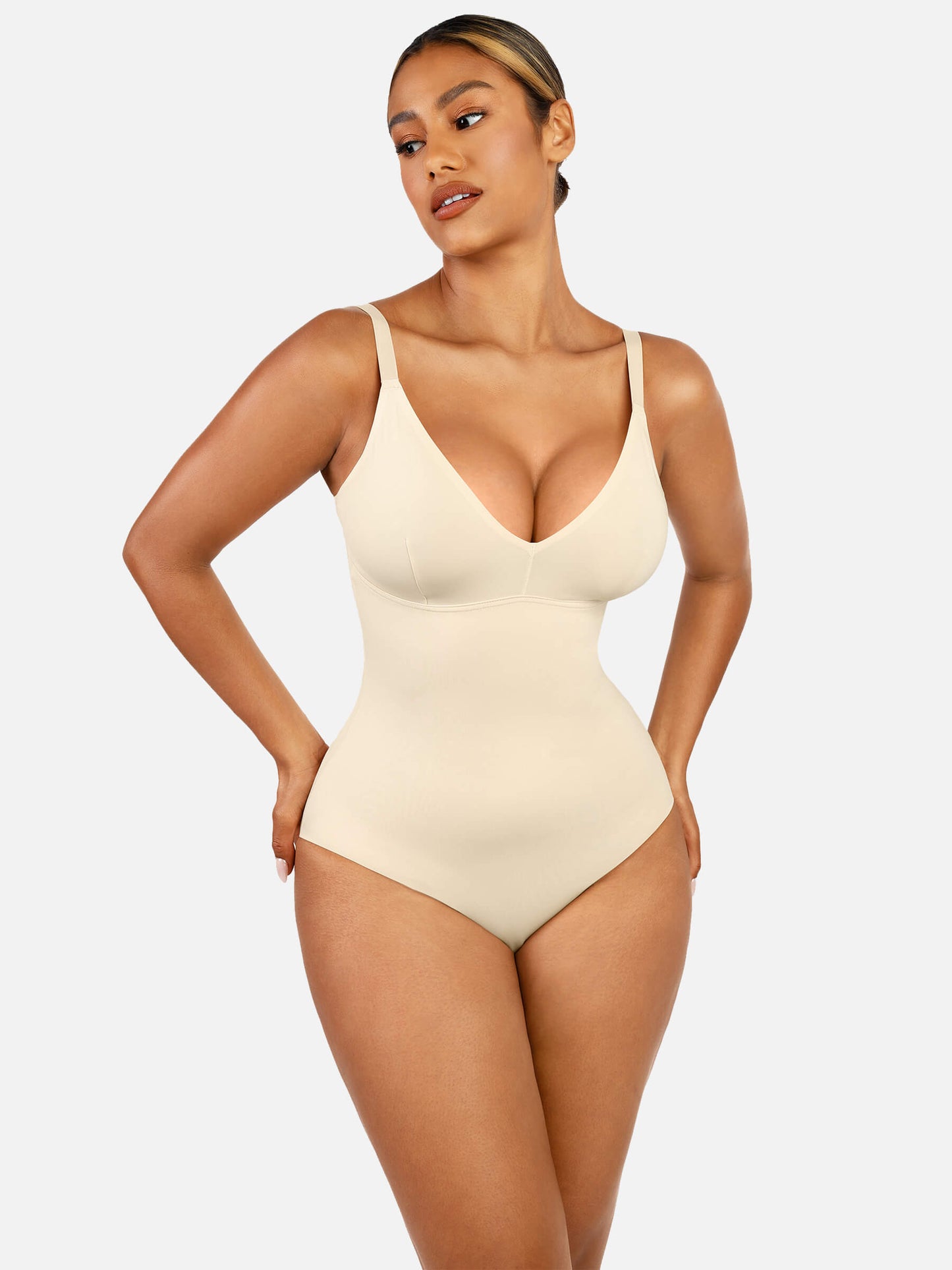 Feelingirl V Neck Tummy Control Thong Bodysuit