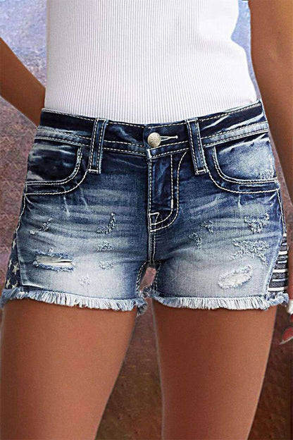 Star & Striped Embroidered Ripped Raw Hem Denim Shorts