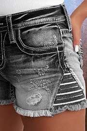 Star & Striped Embroidered Ripped Raw Hem Denim Shorts