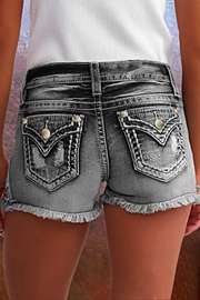 Star & Striped Embroidered Ripped Raw Hem Denim Shorts