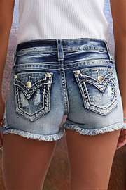 Star & Striped Embroidered Ripped Raw Hem Denim Shorts