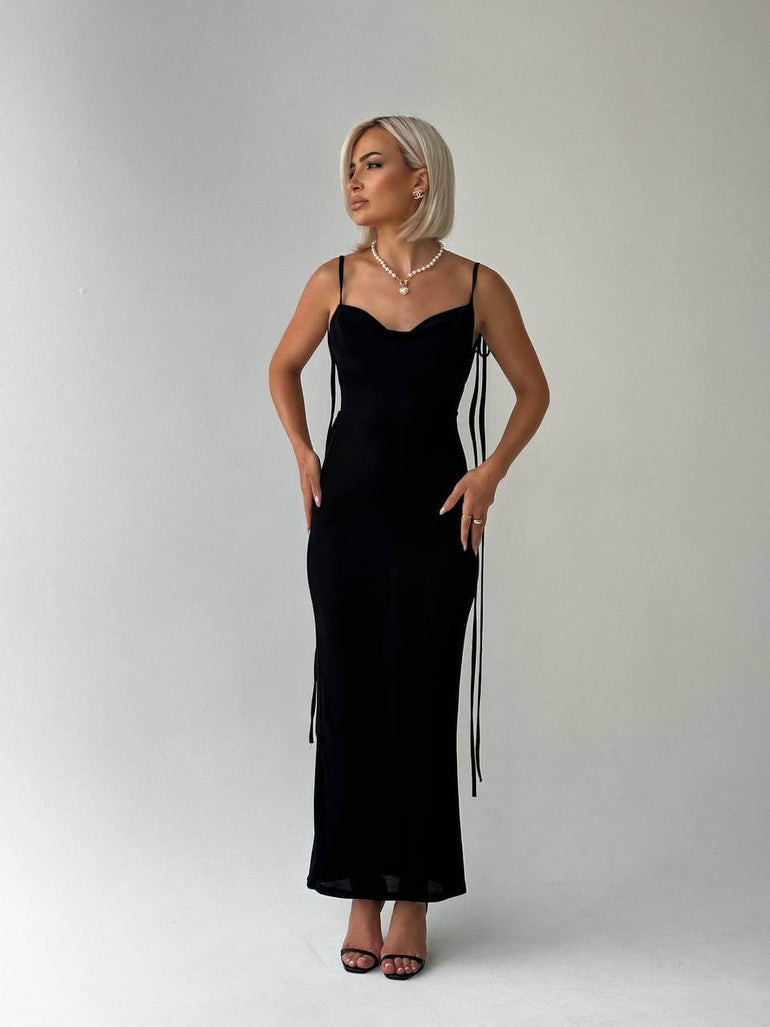 serenity backless dress Evans Black backless maxi dress in Silk Satin