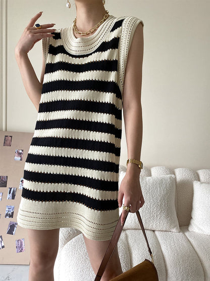 Eyelet Stripe Knit Short Dress