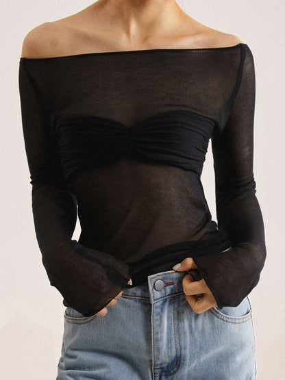 Nostalgic Off-Shoulder Mesh Long Sleeve Shirt