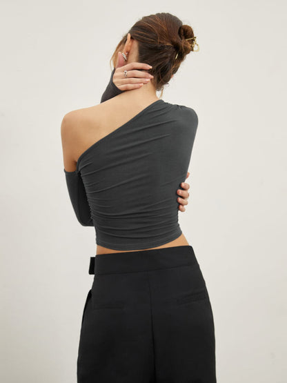 Asymmetric Sleeve Ruched Crop Shirt