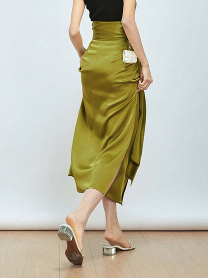 Effortless Tie Front Satin Flowy Slit Skirt