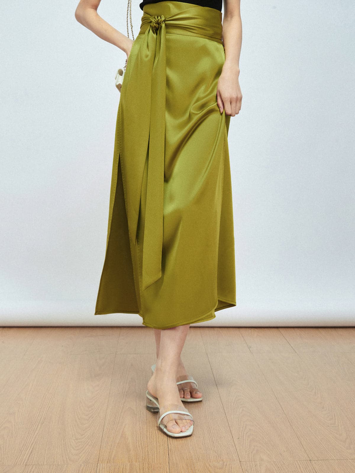 Effortless Tie Front Satin Flowy Slit Skirt