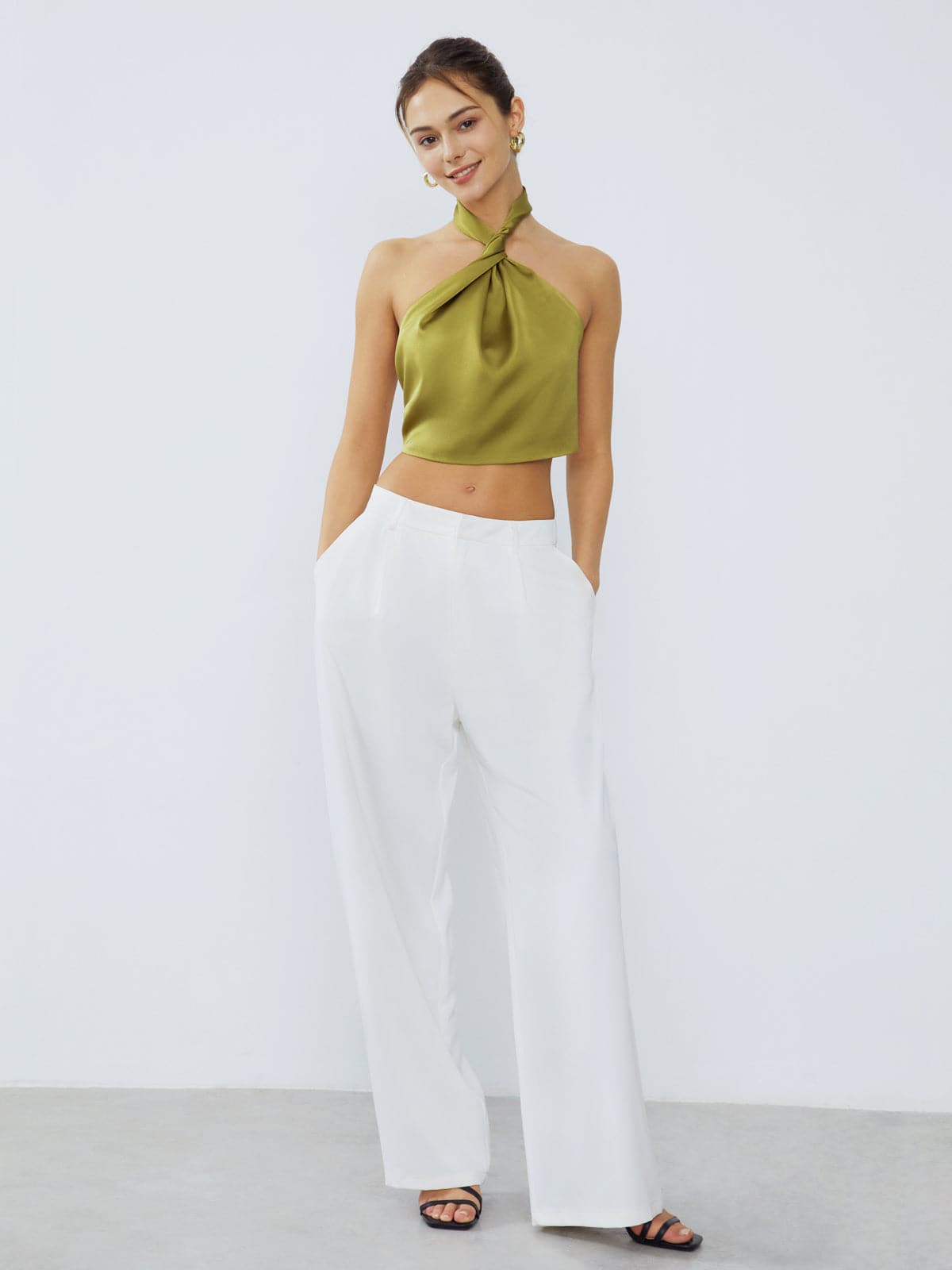 Halter Neck Twist Open Back Satin Crop Top