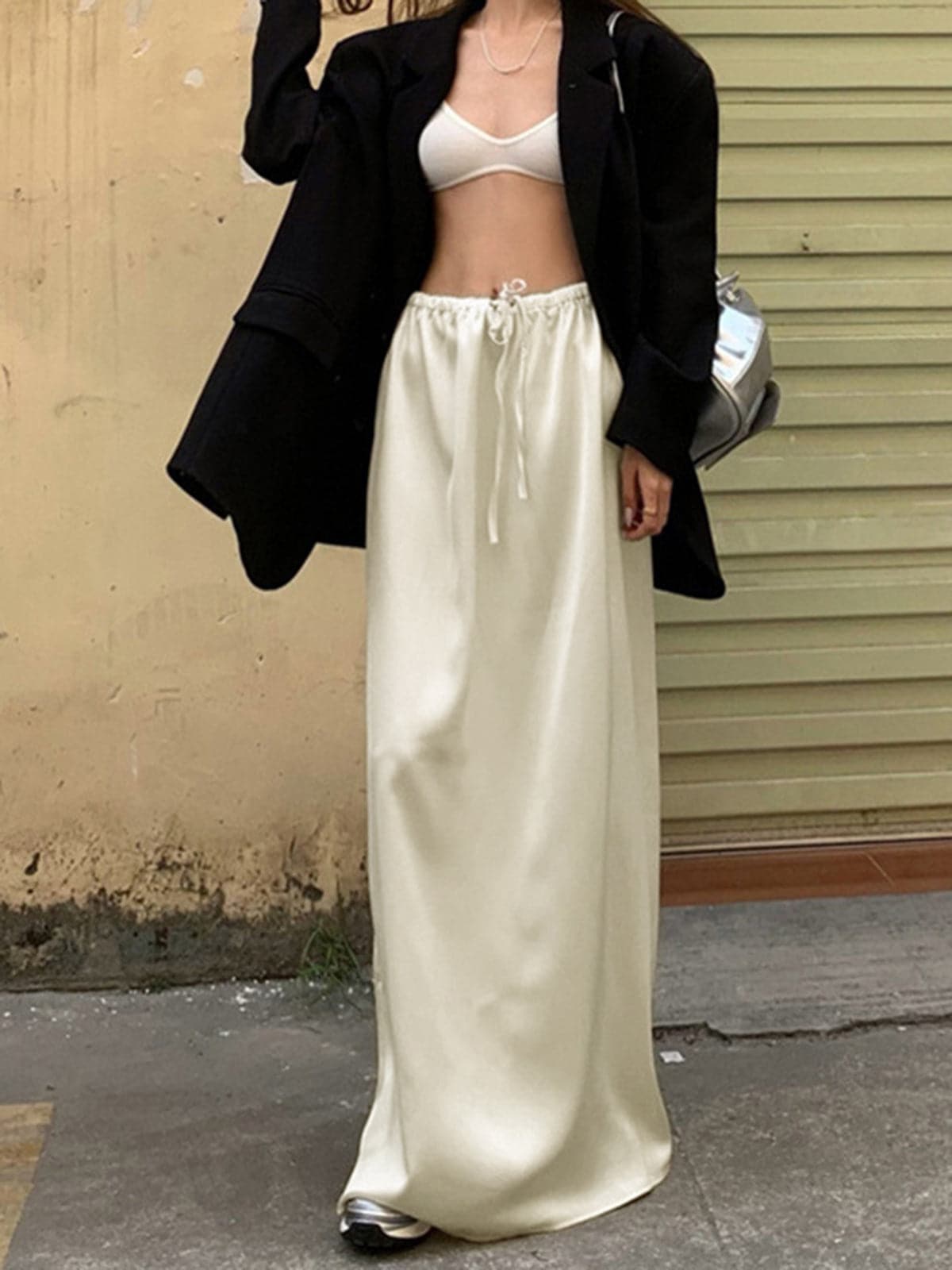 Drawstring Satin Maxi Skirt