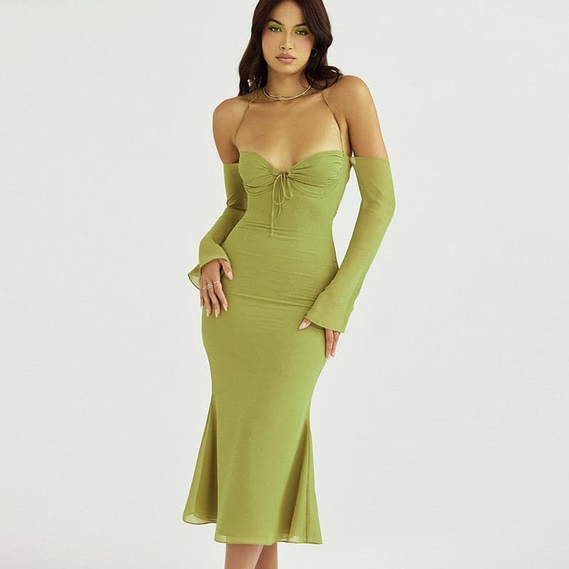 Lace Up Halter Backless Bodycon Midi Dress