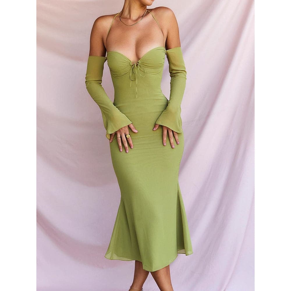 Lace Up Halter Backless Bodycon Midi Dress