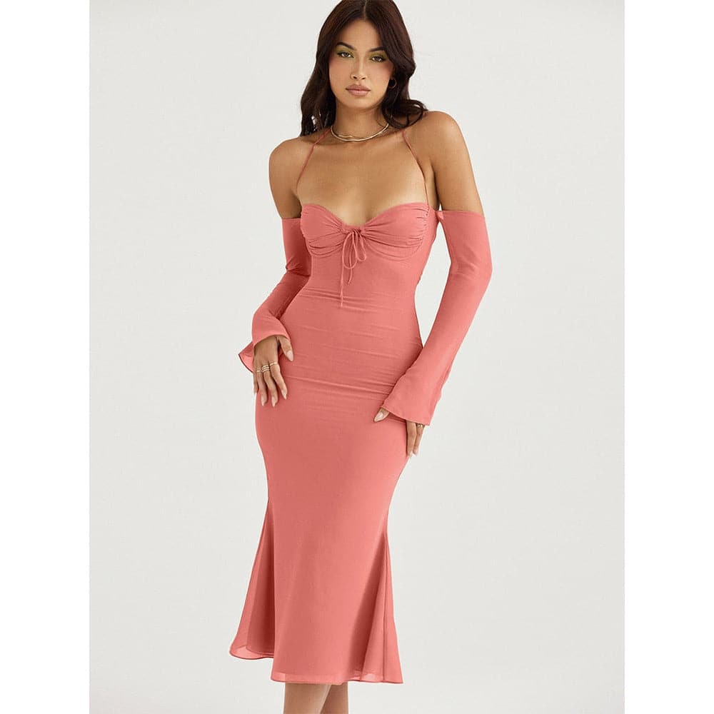 Lace Up Halter Backless Bodycon Midi Dress