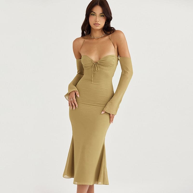 Lace Up Halter Backless Bodycon Midi Dress